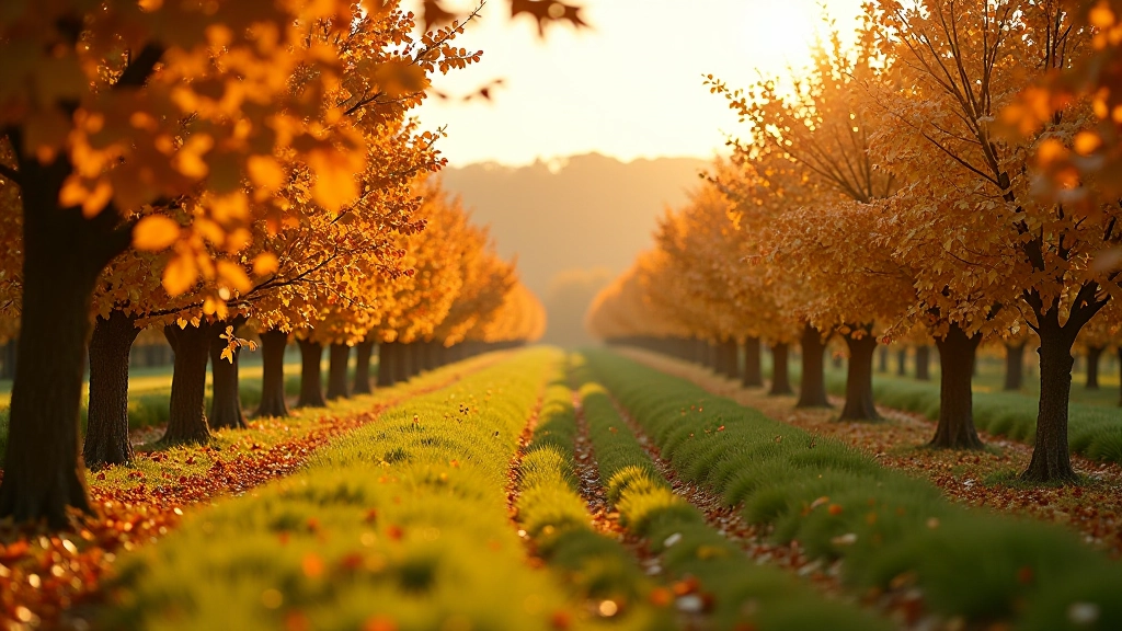 Autumn orchard with golden and russet leaves on mature fruit trees, warm afternoon light, seasonal colour transformation