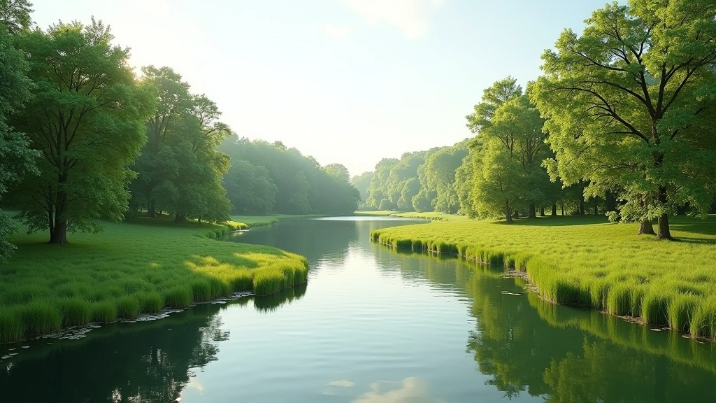 Riverside landscape with small islands, green vegetation, and calm water reflecting trees