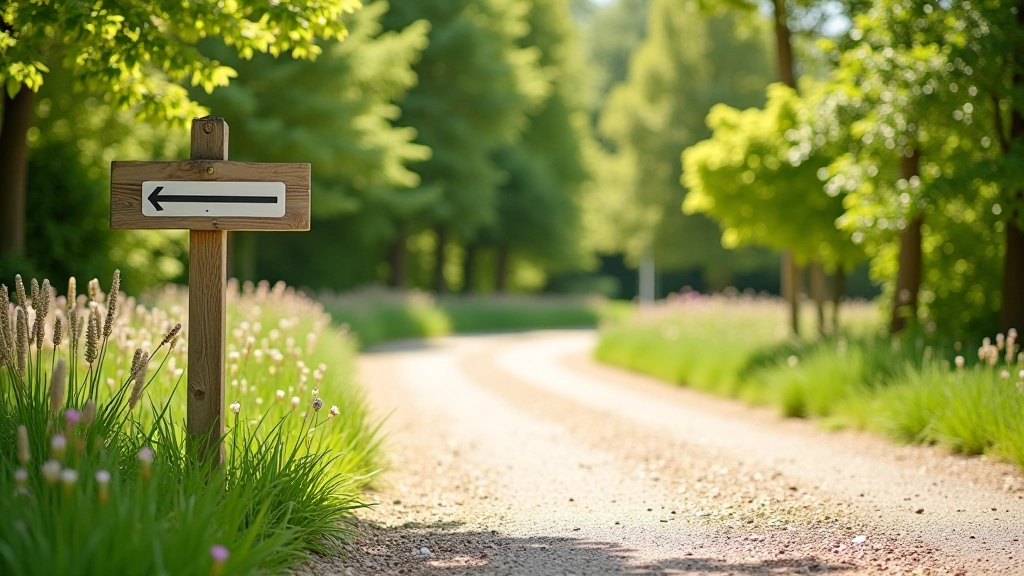 Car park entrance to Orchard Lane with directional sign and gravel surface, spring flowers in landscape, clear access point