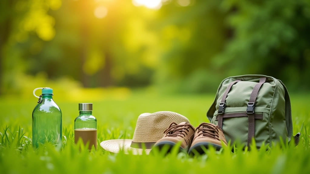 Packed daypack with water bottle, sun hat, and hiking shoes on grass, preparation for outdoor walking