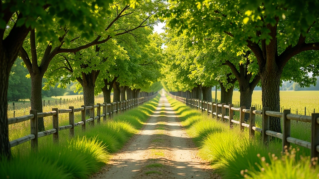 Tree-lined country lane with old orchard trees, historic wooden fences, and dappled sunlight