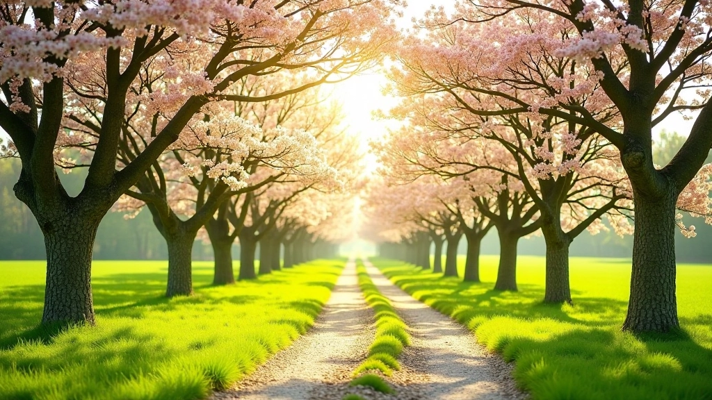 Walking path through mature orchard with spring blossoms, sunlight filtering through flowering branches, peaceful natural setting