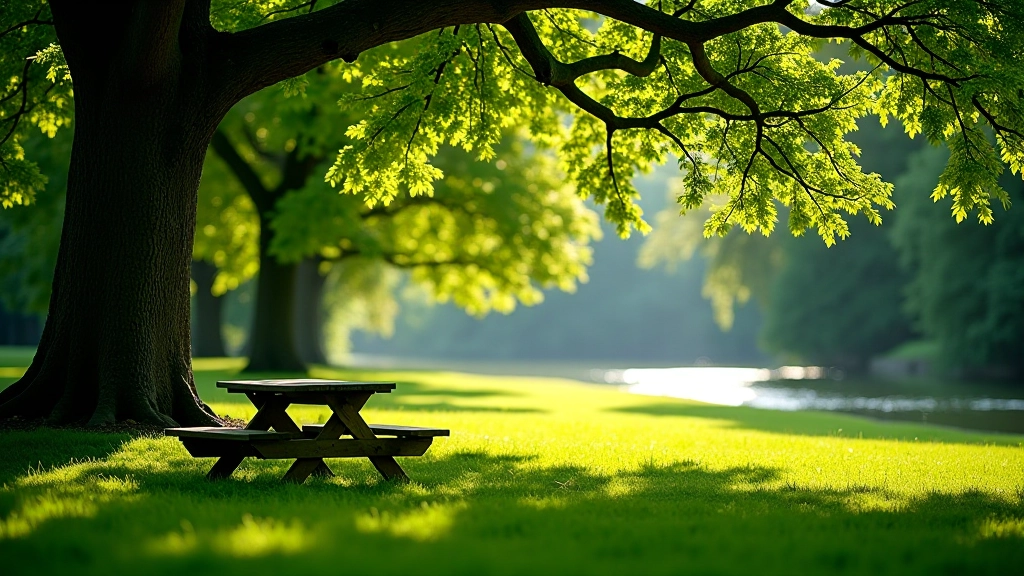Shaded picnic area under large oak trees beside river, wooden bench, dappled sunlight on grass, peaceful setting