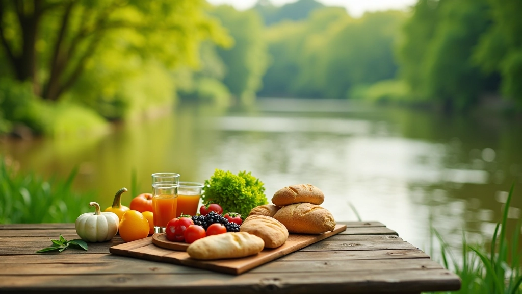 Riverside picnic setup with food and comfortable seating