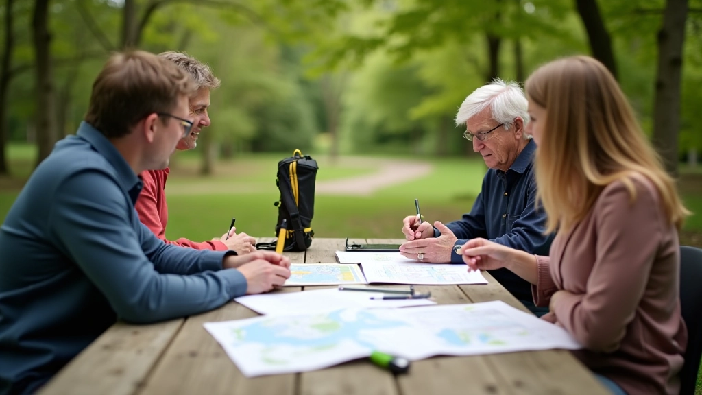 Team members reviewing route planning with maps and outdoor equipment