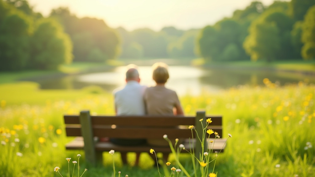 Person sitting on wooden bench overlooking meadow with wildflowers and distant river view, peaceful resting moment