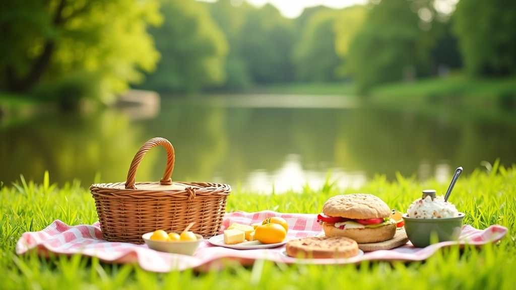 Picnic blanket spread on grass beside river with wicker basket and food, trees reflected in calm water