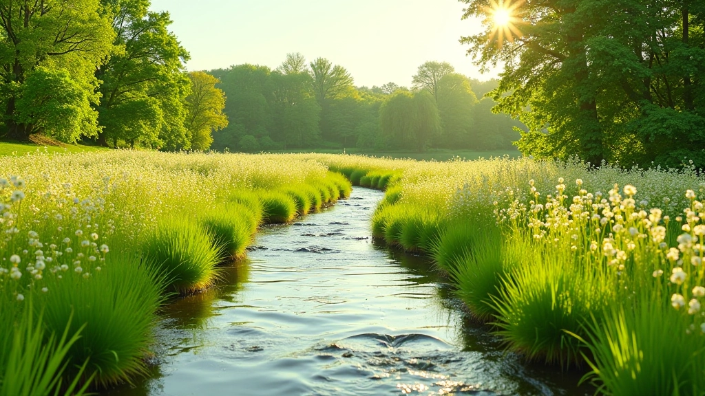 River winding through landscape with wildflower meadow in foreground and tree-lined banks