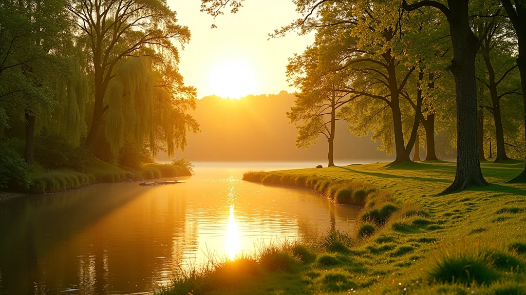 Golden hour sunlight on river water, long shadows from trees across grassy picnic area, peaceful late afternoon