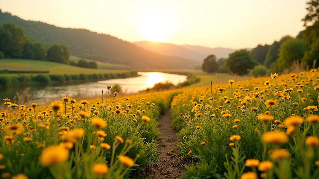 Beautiful meadow landscape with wildflowers along a riverside path