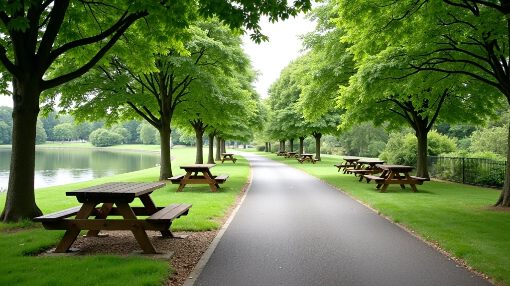 Riverside parking area with accessible pathway leading to picnic benches and rest facilities