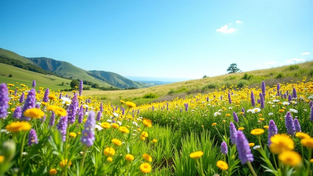 Wildflower meadows with purple and yellow blooms across open grassland