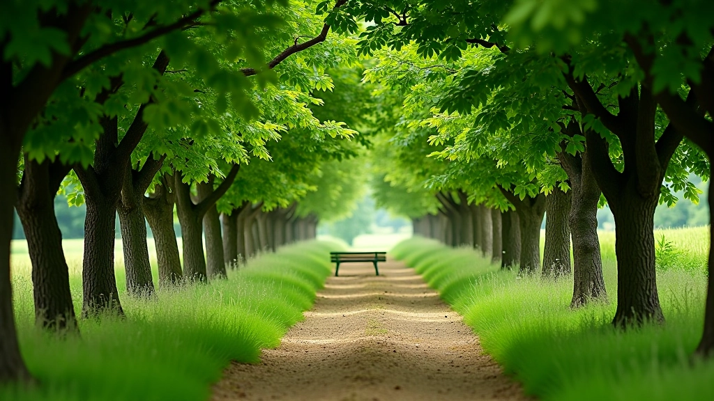 Wide shaded path beneath mature apple trees with dappled sunlight, wooden benches visible in distance