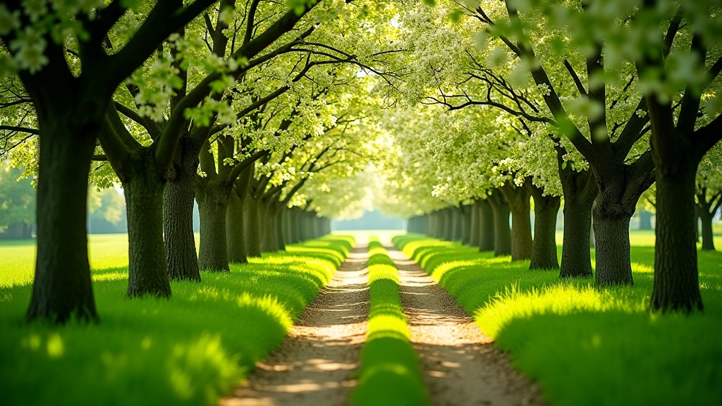 Tree-lined pathway through orchard with apple blossoms overhead creating dappled shade