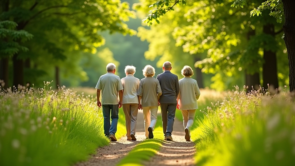 Group of seniors walking together on a nature trail
