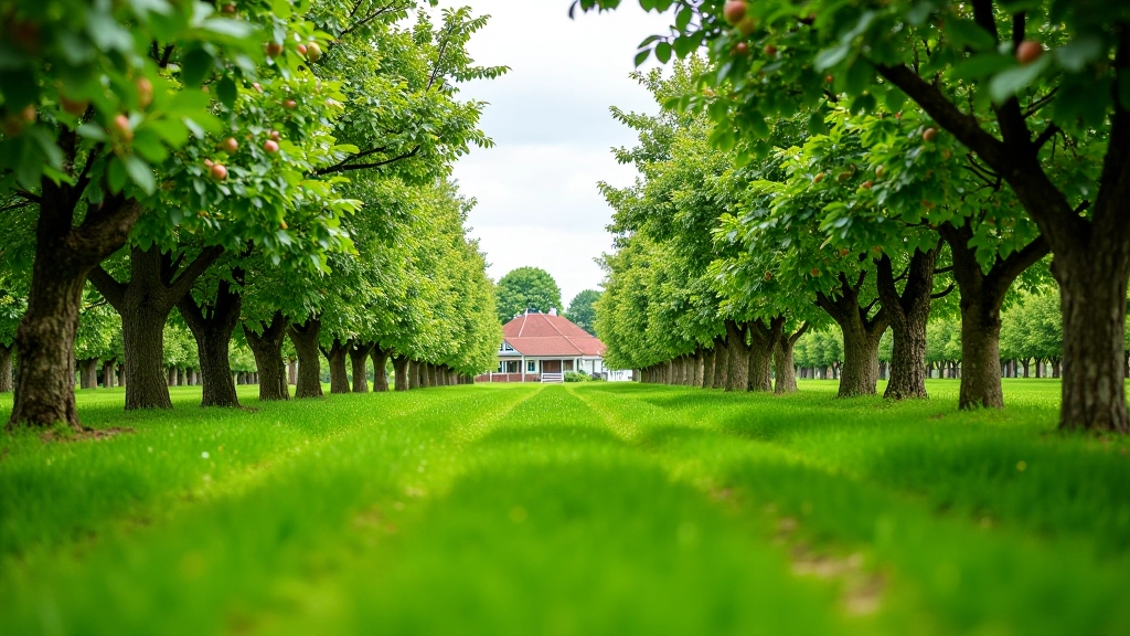Historic orchard with mature fruit trees and green foliage
