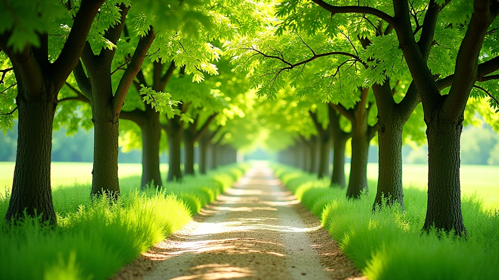 Orchard lane with gnarled fruit trees creating a natural canopy overhead, dappled sunlight on gravel path
