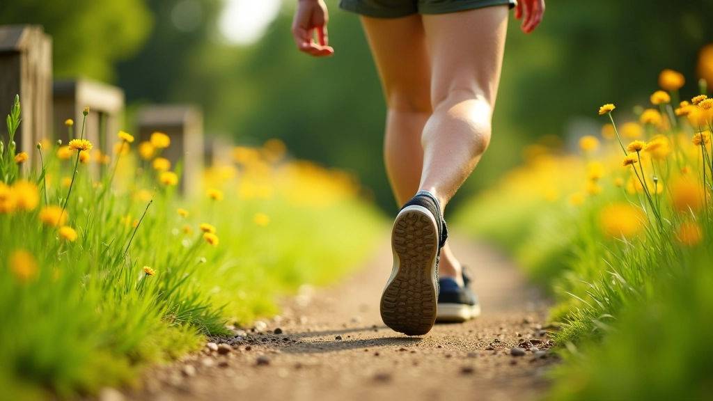 Walking shoes on natural trail with grass and earth