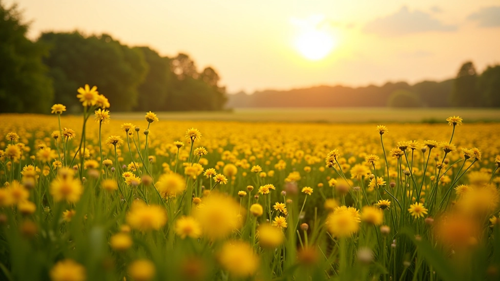 Scenic river island landscape with wildflower meadow and tree-lined pathways in golden afternoon light
