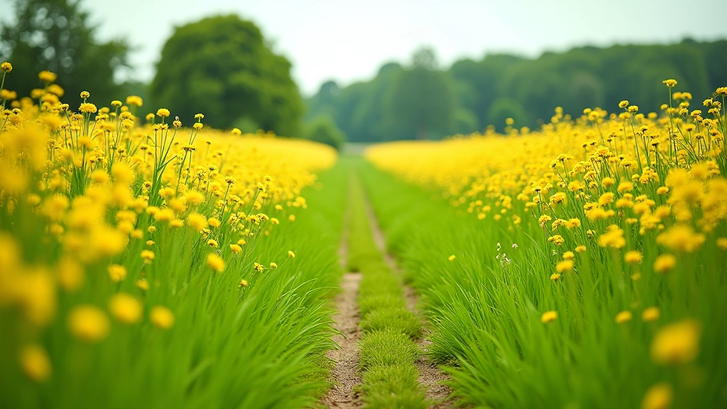 Scenic meadow pathway lined with wildflowers and tall grasses leading toward distant trees