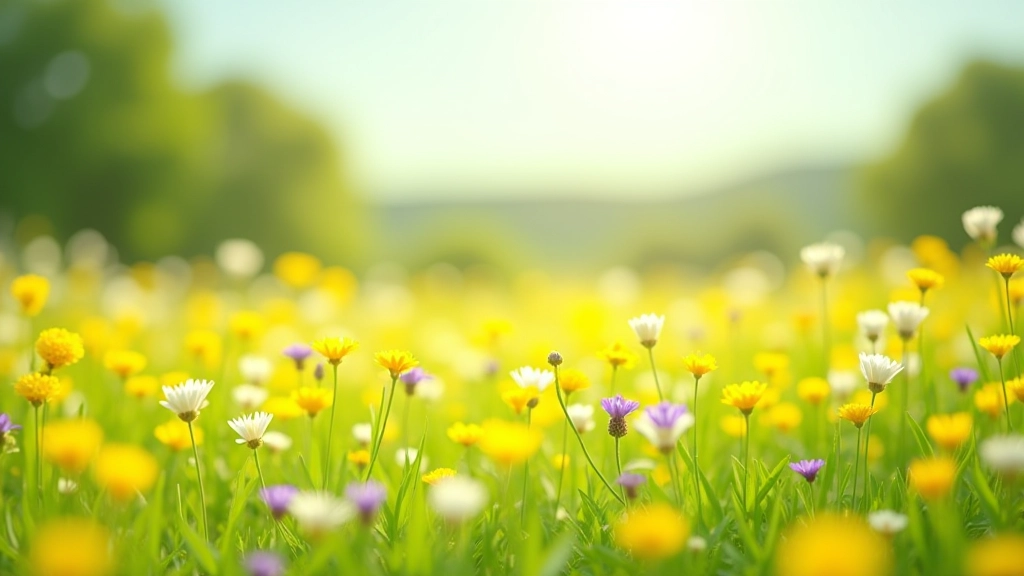 Wide meadow expanse with yellow and purple wildflowers under spring sunlight, distant tree line
