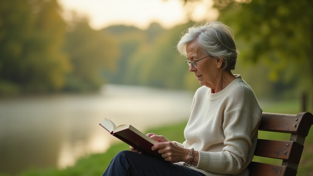 Woman sitting on riverside bench reading book with river view, peaceful outdoor morning, natural lighting