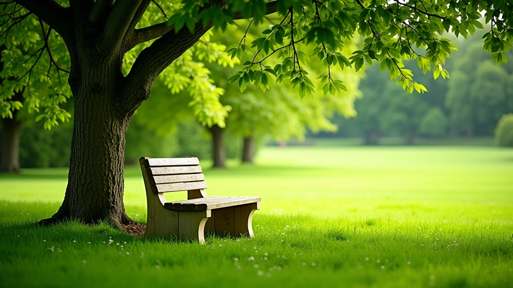 Rest bench positioned beneath mature apple tree with spreading branches, dappled shade, peaceful natural surroundings